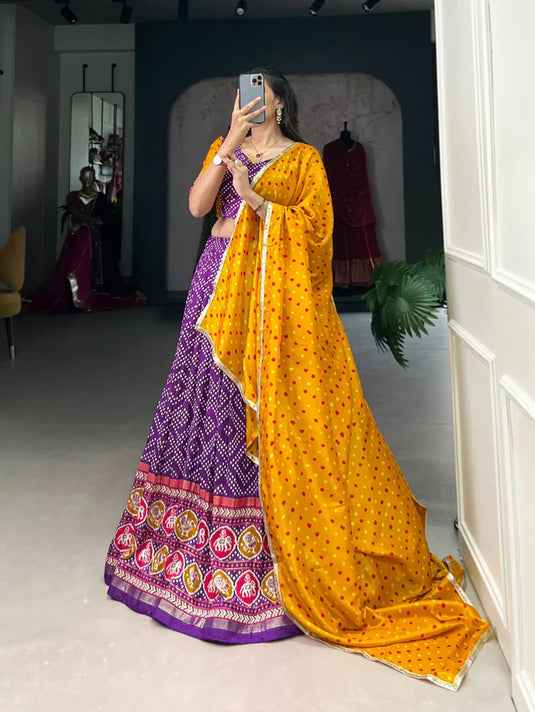 Tussar Silk With Bandhej & Patola Print Lehenga Choli