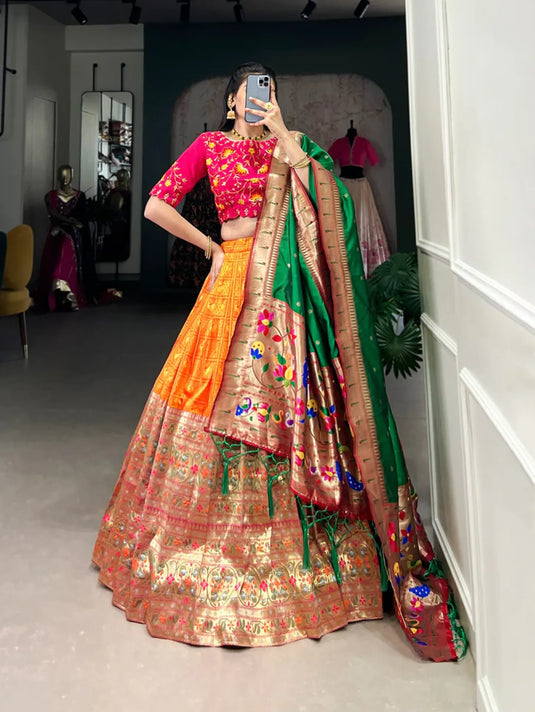 Orange Paithani Silk Lehenga Choli