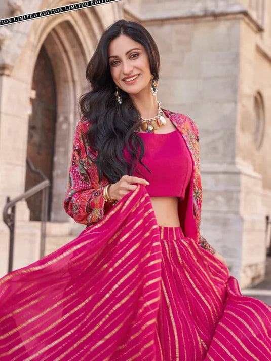 Magenta Pink Embroidered Lehenga with Ethnic Jacket