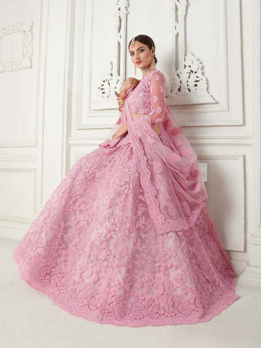 Dusty Pink Net Bridal Lehenga with Cording Embroidery & Stone Work