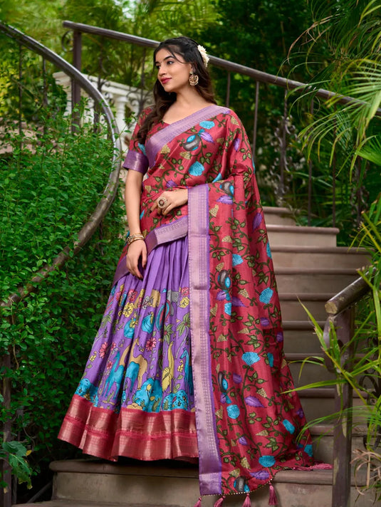 Garba Special Kalamkari Print With Zari Weaving Border Lehenga Choli