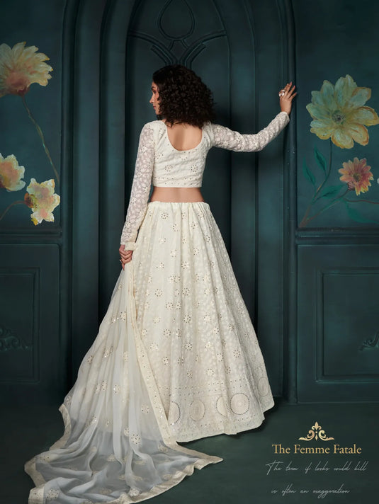 Off-White Georgette Lehenga with Thread, Sequins & Cording Embroidery