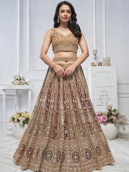 Golden Soft Net Lehenga with Paisley Zari Embroidery & Floral Dupatta