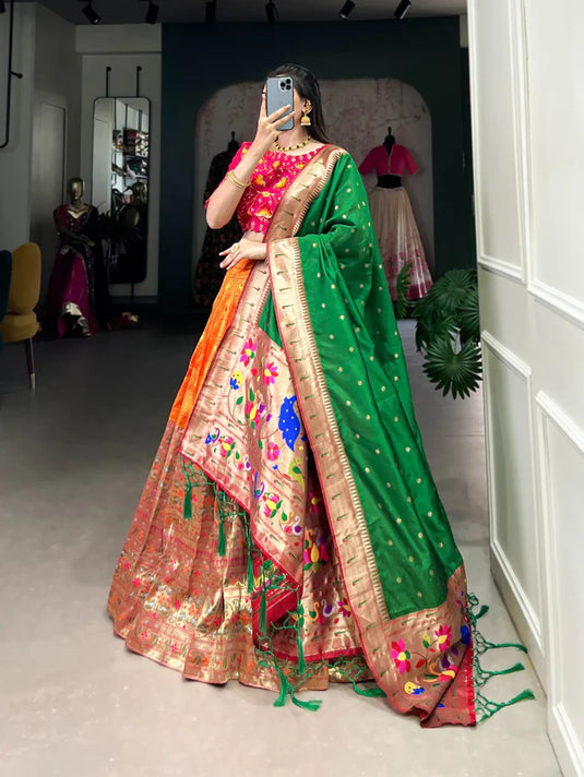 Orange Paithani Silk Lehenga Choli