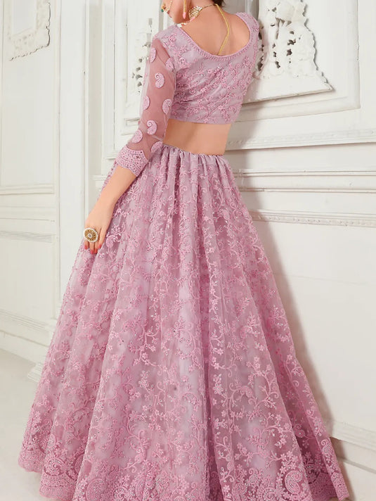 Dusty Pink Net Bridal Lehenga with Cording Embroidery & Stone Work