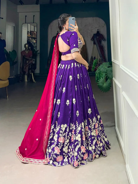 Purple Colour Party Wear Designer Vichitra Silk Sequins & Thread Embroidery Work Lehenga Choli