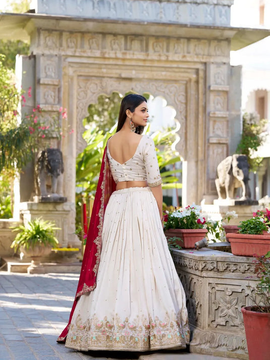 Off white Colour Party Wear Designer Tussar Silk Floral Print With Lace Touch Work Lehenga Choli