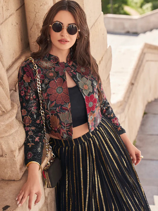 Midnight Black Gold Striped Lehenga with Embroidered Jacket