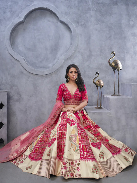 Ivory Organza Silk Lehenga with Red Paisley Motifs & Pink Net Dupatta