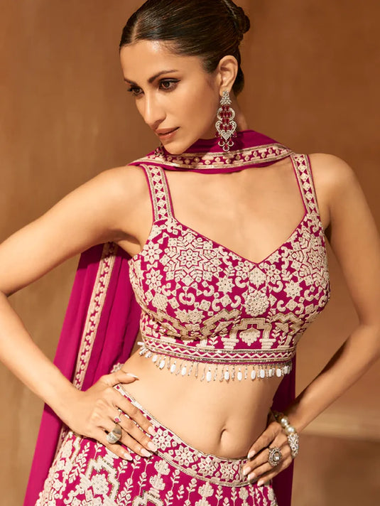 Magenta Pink Embroidered Crop Top and Skirt Lehenga Set