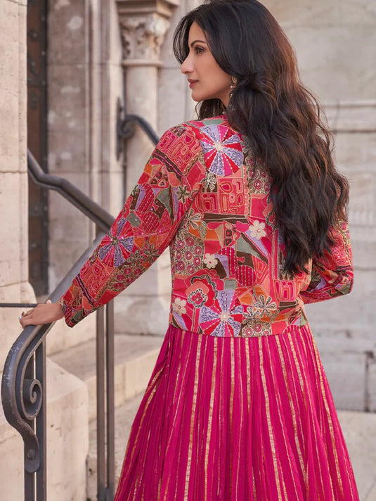 Magenta Pink Embroidered Lehenga with Ethnic Jacket