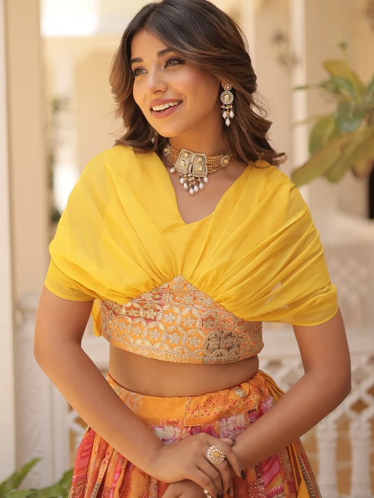 Foil Work Silk Digital Printed Haldi Special Yellow Crop Top Lehenga