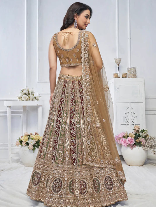 Golden Soft Net Lehenga with Paisley Zari Embroidery & Floral Dupatta
