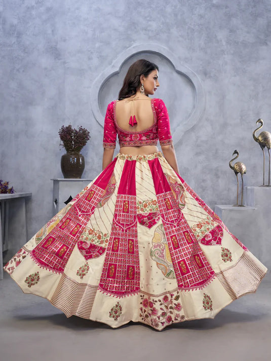 Ivory Organza Silk Lehenga with Red Paisley Motifs & Pink Net Dupatta