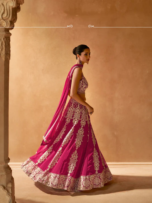 Magenta Pink Embroidered Crop Top and Skirt Lehenga Set