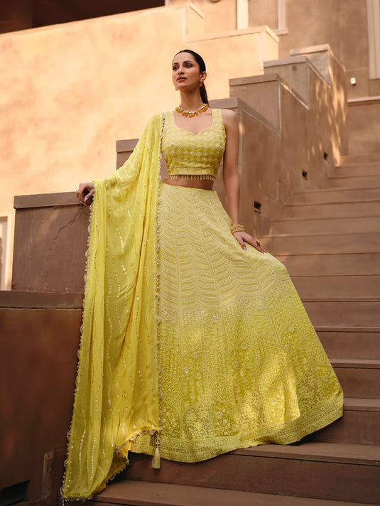 Yellow Embroidered Crop Top and Skirt Lehenga Set