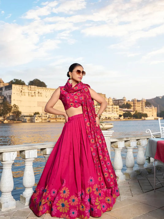 South Style Tussar Silk Floral Print Lehenga Choli