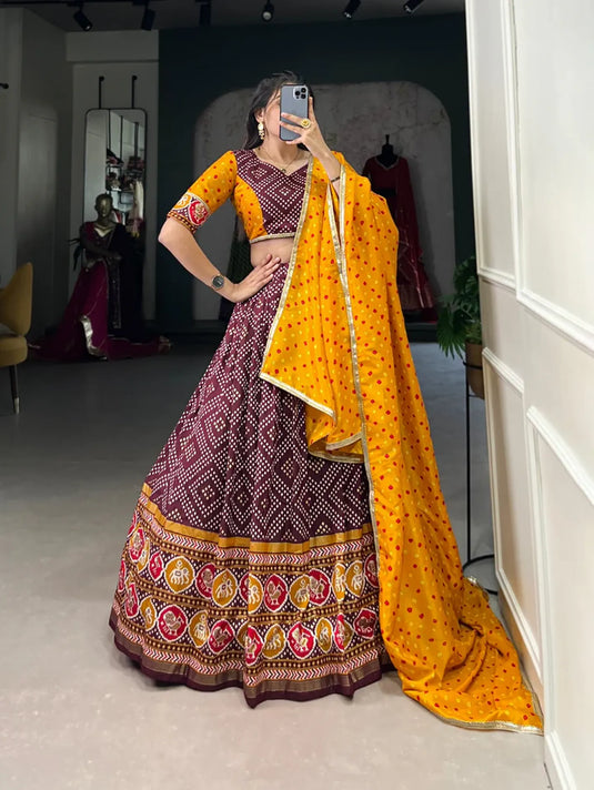 Tussar Silk With Bandhej & Patola Print Lehenga Choli