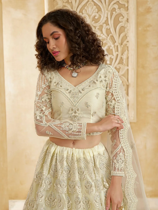 Ivory Net Lehenga Choli with Heavy Embroidery & Stonework