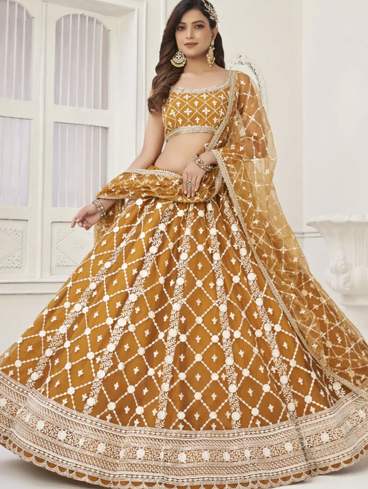 Sequence Embroidery Work Soft Net Haldi Special Lehenga Choli