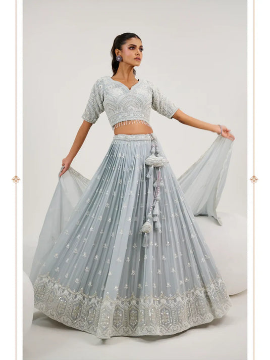 Pastel Blue Bridal Lehenga with Hand-Embroidered Blouse & Dupatta