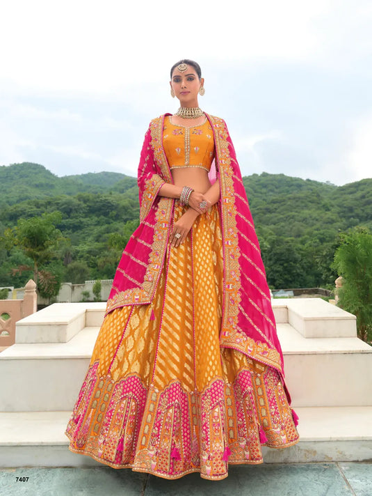 Mustard Yellow and Pink Lehenga with Traditional Patterns