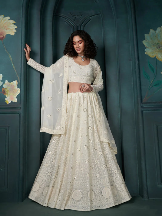 Off-White Georgette Lehenga with Thread, Sequins & Cording Embroidery