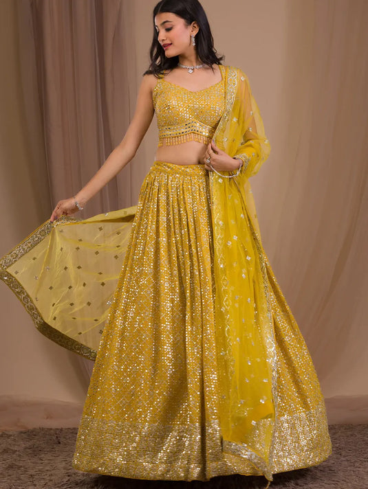 Sequence Work Georgette Haldi Special Designer Yellow Lehenga Choli