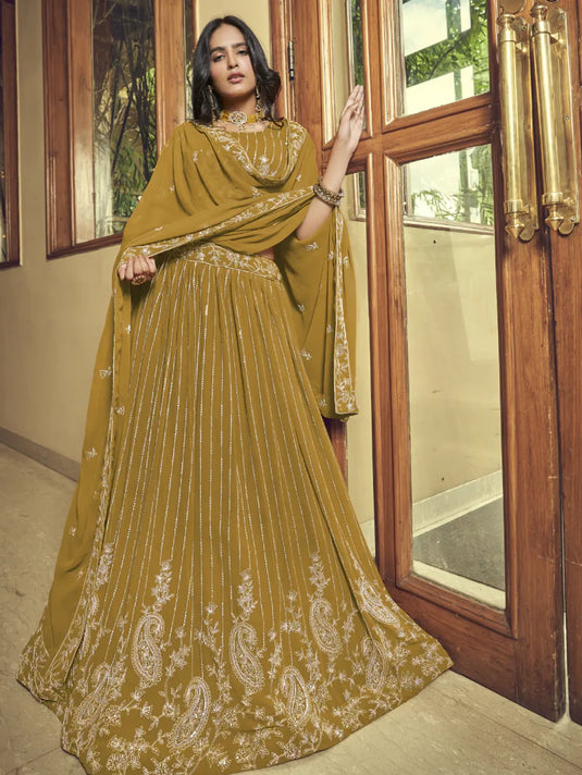 Viscose Thread Work Faux Georgette Mustard Yellow Lehenga