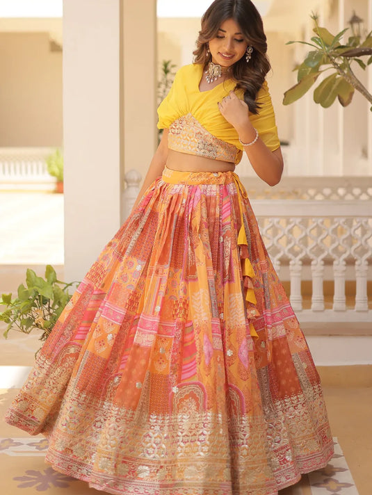 Foil Work Silk Digital Printed Haldi Special Yellow Crop Top Lehenga