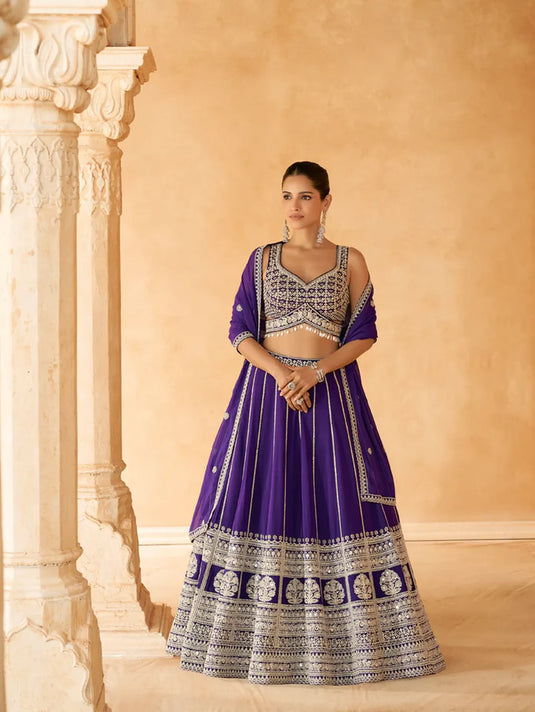 Royal Purple Embroidered Crop Top and Skirt Lehenga Set