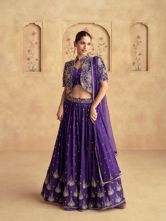 Royal Purple Chinnon Silk Embroidered Lehenga with Net Dupatta