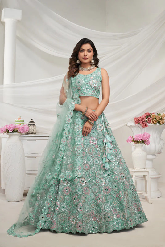 Sky Blue Lehenga Set with Floral Embroidery and Dupatta