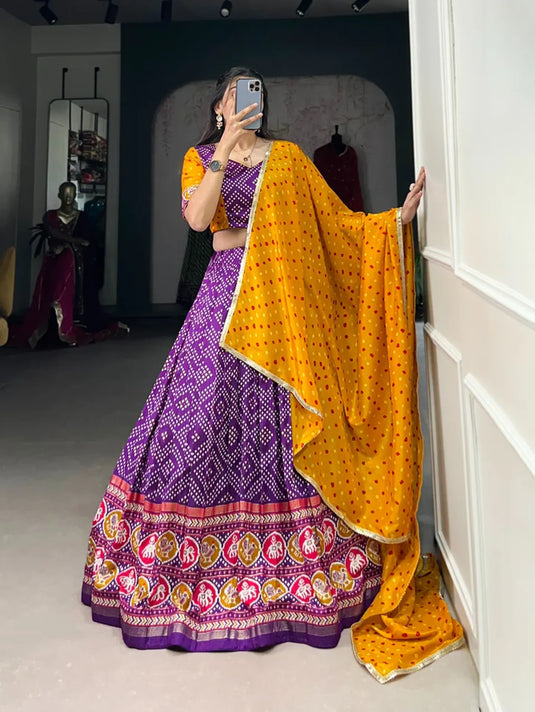 Tussar Silk With Bandhej & Patola Print Lehenga Choli