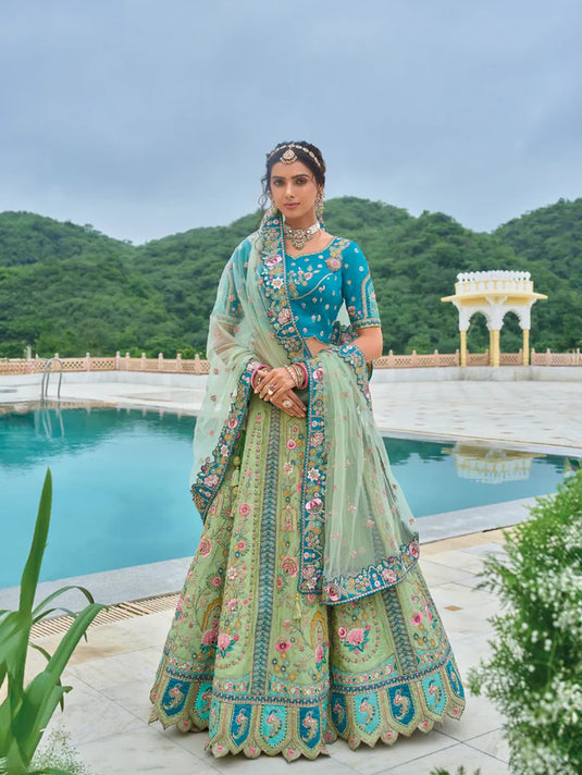 Aqua Blue and Mint Green Embroidered Lehenga with Dupatta