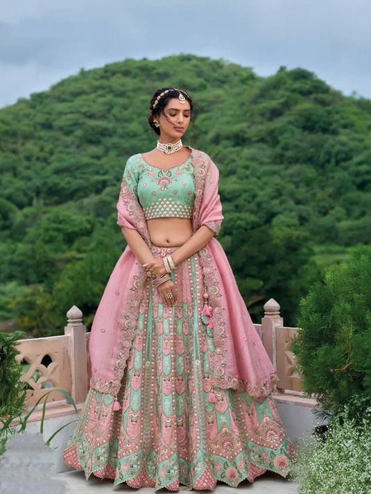 Mint Green Embroidered Lehenga Choli with Pink Dupatta