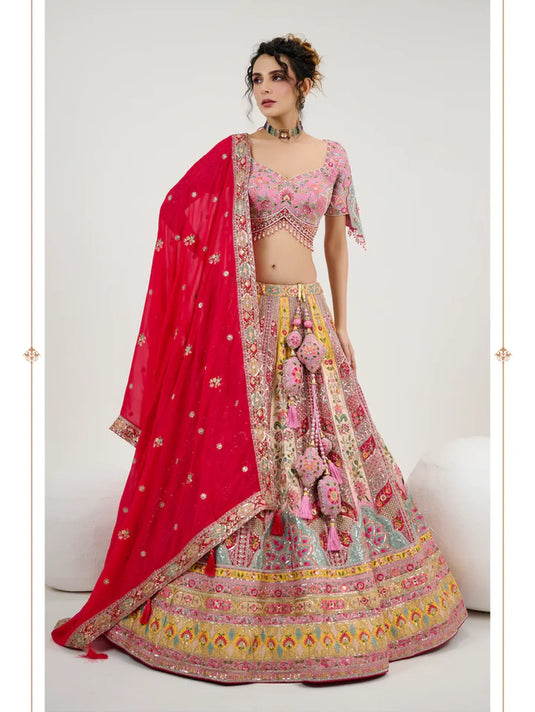 Pink Embroidered Silk Lehenga with Handwork Blouse & Georgette Dupatta