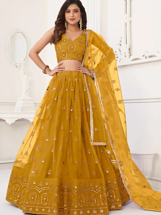 Thread Embroidered Net Yellow Lehenga Choli For Haldi Function