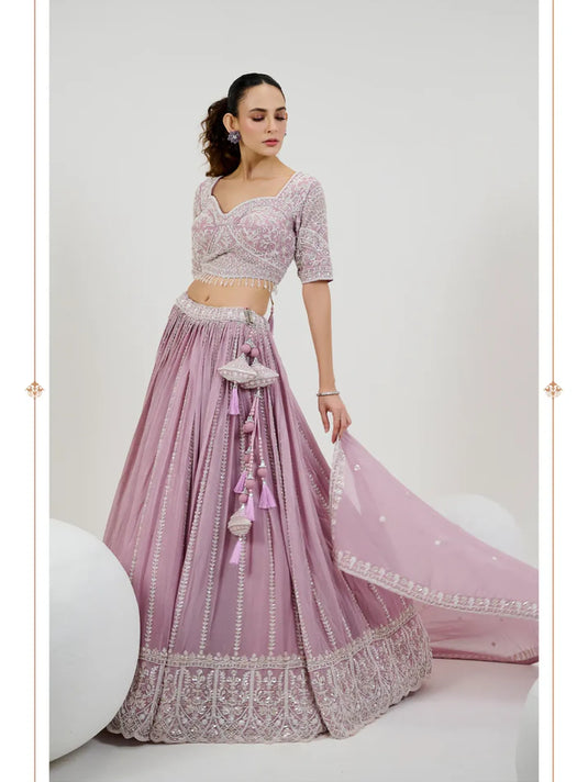 Lavender Bridal Lehenga with Hand Embroidered Blouse and Dupatta