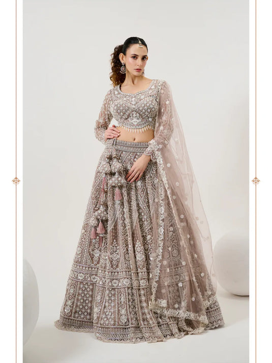 Taupe Net Bridal Lehenga with Handwork and Beaded Net Dupatta