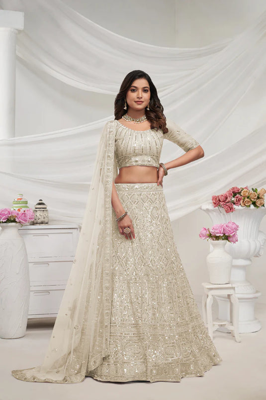 Ivory Soft Net Lehenga Choli Set - Pearl & Diamond Sequin Embroidery