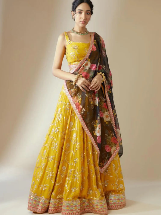 Georgette Floral Sequence Work Haldi Special Yellow Lehenga Choli