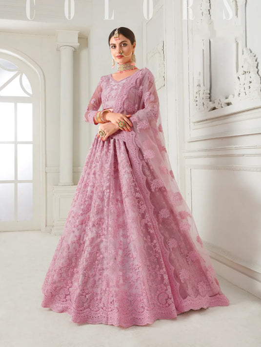 Dusty Pink Net Bridal Lehenga with Cording Embroidery & Stone Work