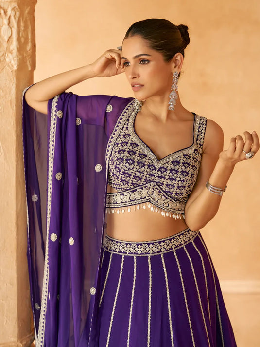 Royal Purple Embroidered Crop Top and Skirt Lehenga Set