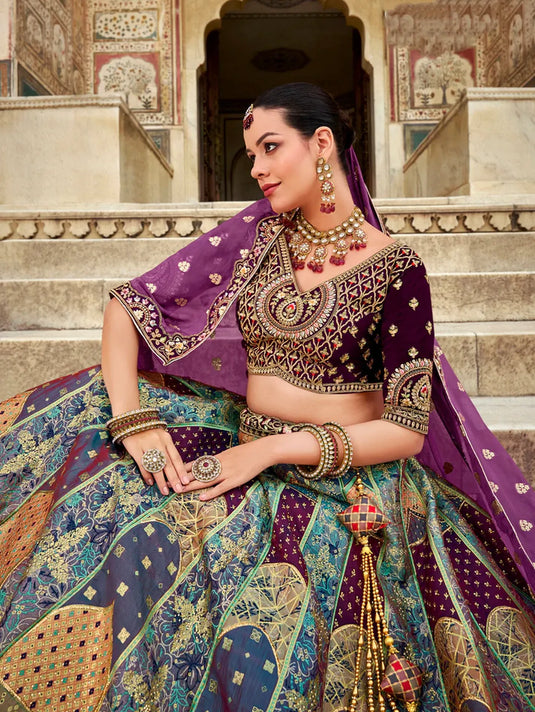 Purple Banarasi Silk Lehenga with Zarkan Embellishments