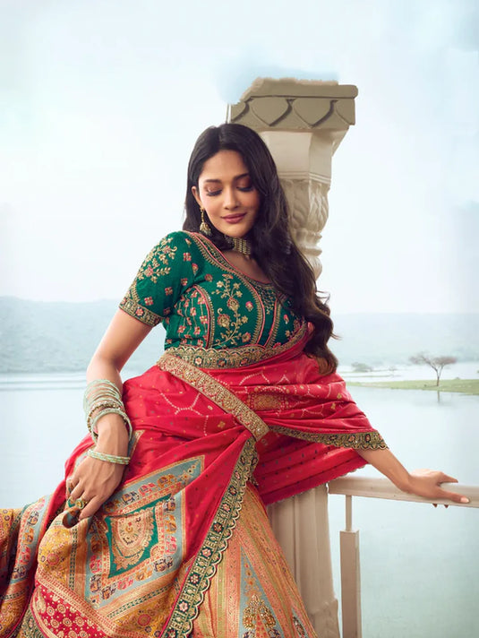 Golden Banarasi Silk Bridal Lehenga with Red and Green Accents