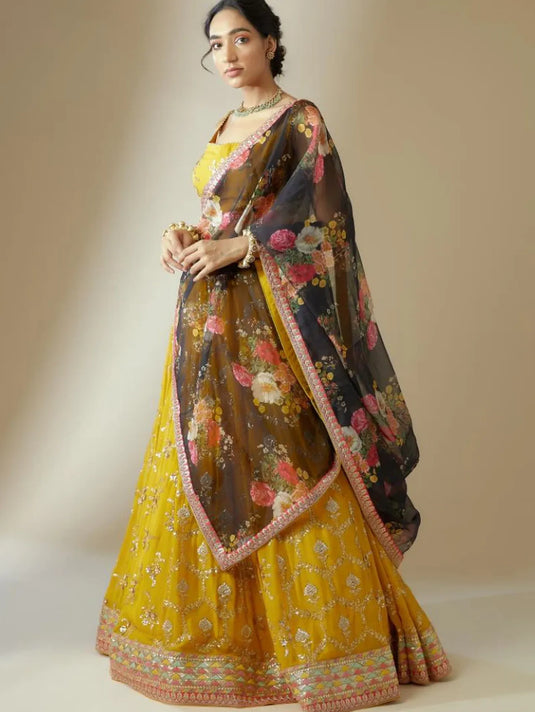 Georgette Floral Sequence Work Haldi Special Yellow Lehenga Choli