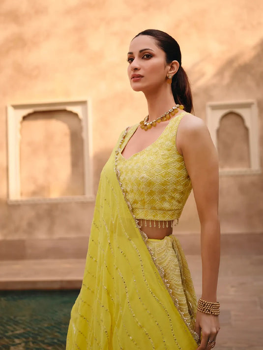 Yellow Embroidered Crop Top and Skirt Lehenga Set