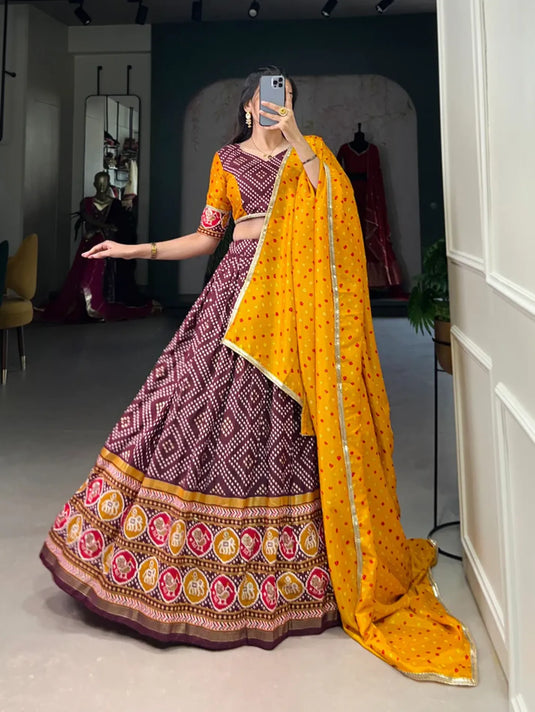 Tussar Silk With Bandhej & Patola Print Lehenga Choli