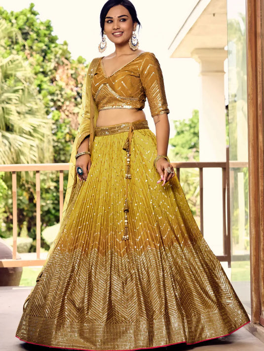 Zari Embroidered Chinon Silk Haldi Special Yellow Lehenga Choli